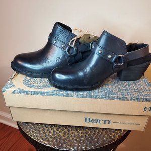 Born, Platform Wedge, Black Leather Clog with buckle strap around heel, Size 8